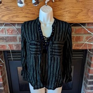 Rock & republic green and black striped 3/4 sleeve top women size medium